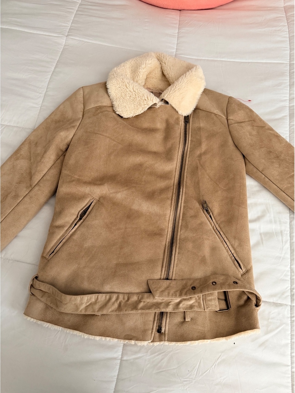 Forever 21 Tan Faux Suede Sherpa Lined Jacket with Belt